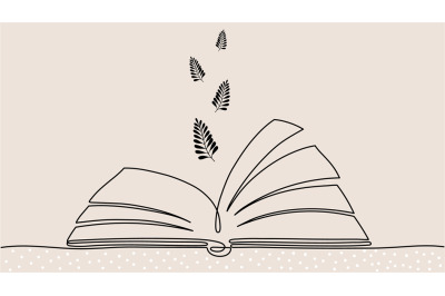 One line book design. Opened notebook and flying leaves or branches si