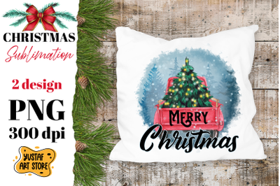 Merry Christmas. Truck and Christmas tree sublimation design