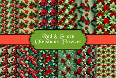 Red and Green Christmas Floral Seamless Pattern