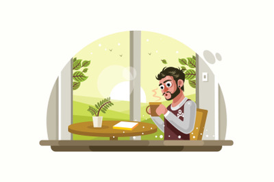 Man Drinking Coffee at Cafe Vector Illustration