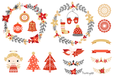 Cute Christmas clipart set, Christmas wreaths clipart, Angel, Tree, Stocking, Mittens, Laurels, Poinsettia