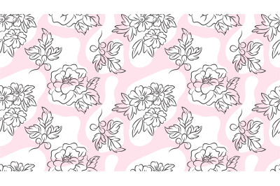 Romantic print roses chamomile and leaves. Outline flowers, spring sum