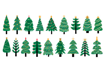 Christmas trees. Cute colorful new year decoration, traditional xmas p