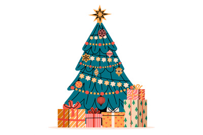 Christmas tree with presents. Decorated pine with gift boxes, cartoon