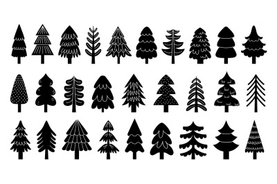 Black christmas tree icons. Minimal winter pine fir silhouettes with d