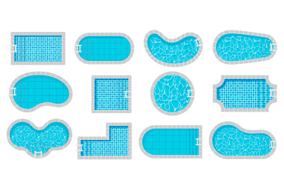 Pool top view. Swimming pools different shapes cartoon style, luxury e