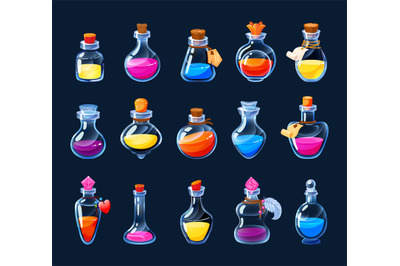 Cartoon alchemy bottles. Magic potion and love elixir game UI icons as