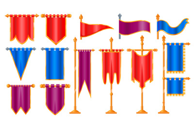 Medieval cartoon flags. Old victorian cloth for UI game design assets,