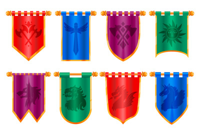 Medieval royal banner. Classical victorian flags with ancient knight p