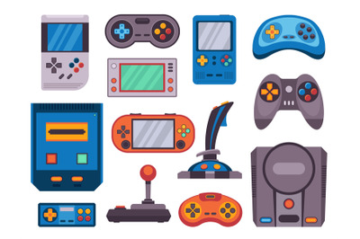 Retro game console. Cartoon videogame joystick icons, modern portable