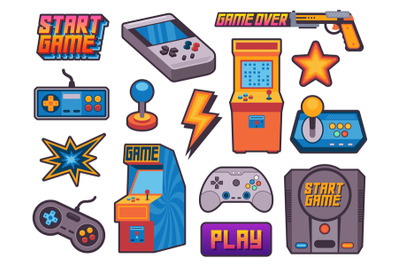 Video game stickers. Vintage gamer assets with pixel 8 bit icons, cart