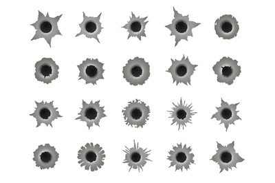 Shot holes. Gun bullet circle crack, ragged circular damage destructio