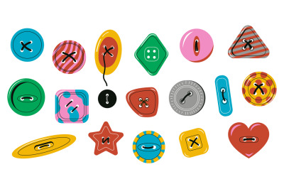 Clothing buttons. Cute colored sewing elements, needlework icons flowe