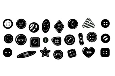 Black clothing buttons. Simple sewing textile accessories icons, round