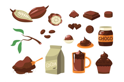 Cartoon cocoa. Brown beans for cacao milk dark chocolate drink candy,