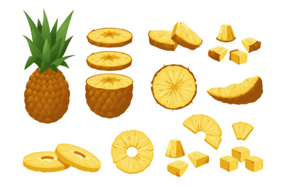 Pineapple set. Tropical fresh whole and peeled fruit pieces, cartoon n