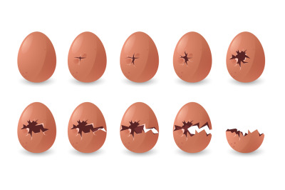 Cracked eggs animation. Cartoon broken damaged chicken eggshell halfs,