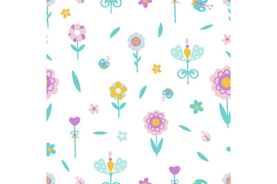 Summer spring garden flowers and butterfly seamless pattern. Cute scan