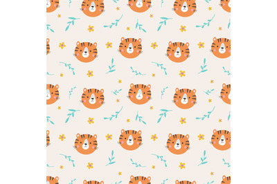 Wild tiger face seamless pattern. Cute animal childish vector texture.