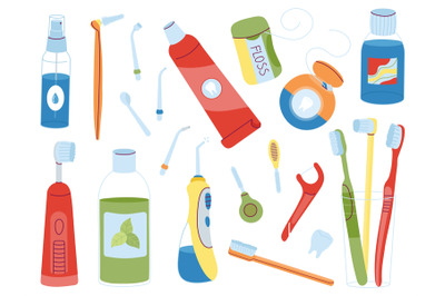 Dental hygiene. Dentistry products, cute toothpaste, mouthwash and flo