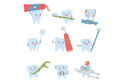 Cartoon teeth and tools. Humorous tooth, baby kid dentist characters.