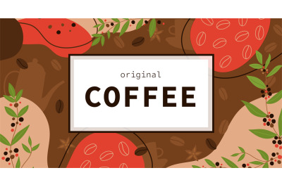 Doodle coffee banner. Breakfast drink ink texture&2C; brazil stimulants b