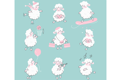 Cute cartoon sheep. Lamb set, fun happy white wool sheeps. Funny farm