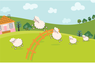 Sheeps jump on field. Count sheep jumping fence. Farm animal landscape