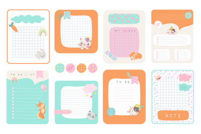 Notepads template. Page list notes organizing, notepad diary for kids