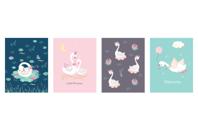 Swan poster design. Cute swans cover template, sweet baby welcome part