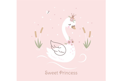 Swan princess poster. Vintage girl t-shirt print with sweet cute swans