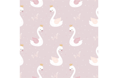 Cartoon cute swan print. Swans princess on pink seamless pattern. Girl