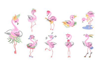 Cartoon pink flamingo. Isolated flamingos birdie, summer clipart with