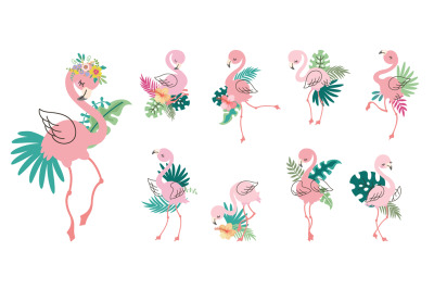 Tropical pink flamingo. Cartoon flamingos clipart with exotic palm lea