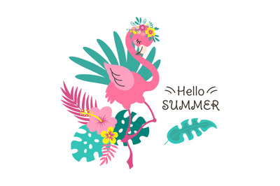 Summer flamingo. Beautiful summer t-shirt art print. Apparel graphic d