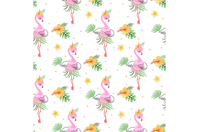 Flamingo seamless pattern. Funny beach flamingos pink white print. Exo