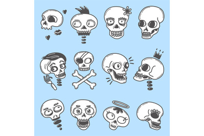 Cartoon skull set. Doodle skulls stickers&2C; happy crossbones dead pirat