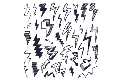 Sketch lightning. Thunder doodle, bolts electricity scribble elements.