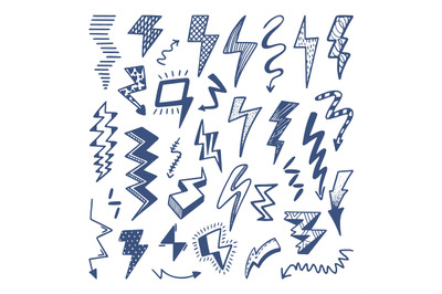 Doodle flash set. Thunder lighting drawing, power or electricity doodl