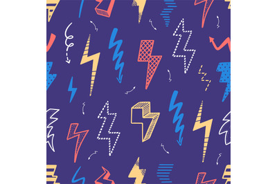 Doodle lightning seamless pattern. Sketch thunder lights, girlish prin