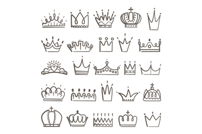 Royal doodle symbols. Crowns sketch, crown diadema tiara for king, que