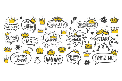 Cute dialog bubbles. Funny doodle labels&2C; speech shaped with crowns an