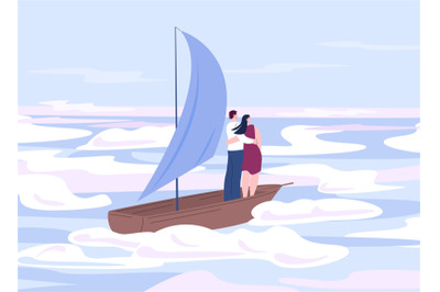 Look at new horizons. Couple in boat fly on sky in clouds for dream. L