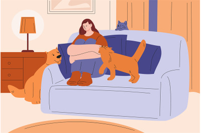 Depressed woman with cat. Procrastination girl&2C; pets friends supportin