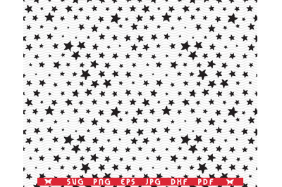 SVG Black Stars, Random sizes, Seamless pattern