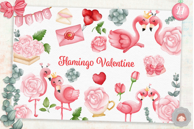 Watercolor Flamingo Valentine and Rose | Valentine Illustration Bundle