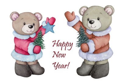Happy New Year Teddy Bears! Watercolor illustrations.