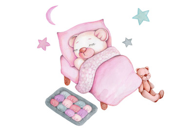 Cute little Teddy Bear girl sleeping. Watercolor illustration.