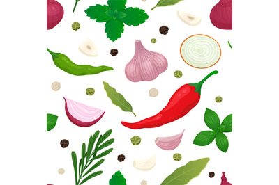 Culinary spice seamless pattern. Cartoon onion, chili peppers and garl