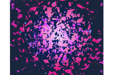 Broken particles burst. Shattered style background, colorful abstract